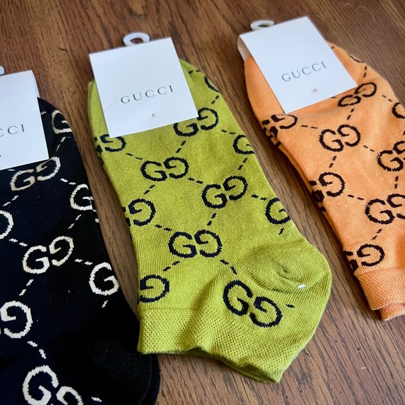 Gucci Multicolor GG Logo Crew Socks - Beige, Black, White, Green, Yellow - Picture 3 of 3